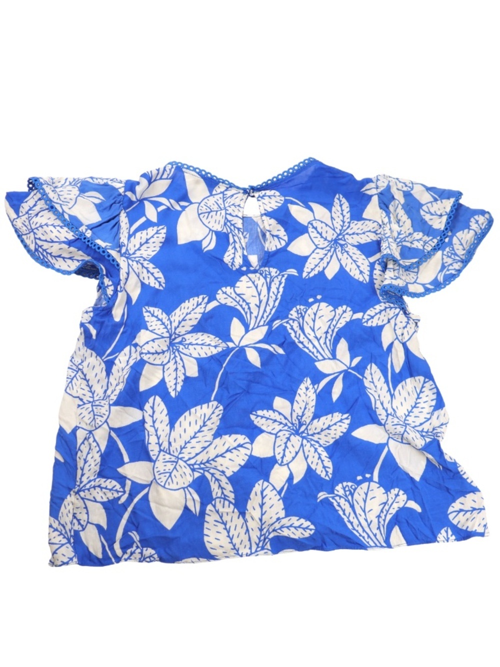 Rose + Olive Blue White Tropical Floral Flutter Sleeve Top Small - Picture 3 of 8